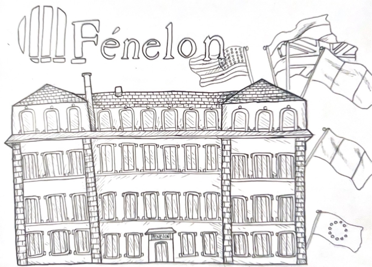 Dessin représentant Fénelon entouré de plusieurs drapeaux